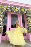 Anneprom Straps Tulle Bodice 3D Flowers With Back Lace Up Yellow Long Prom Dress APP0291