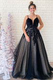 Anneprom Black V Neck Backless Tulle Prom/Evening Dresses With Applique APP0292