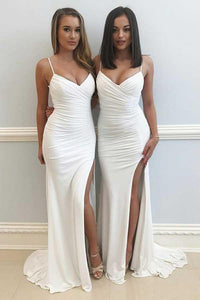 Anneprom Mermaid Spaghetti Straps White Split Chiffon Sleeveless Prom Dress APP0295