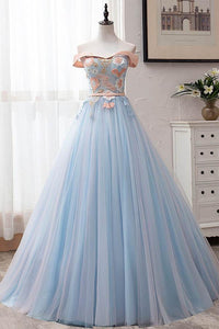 Anneprom Blue Tulle Off-The-Shoulder Appliques Ball Gown Long Prom Dress APP0297