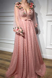 Anneprom Long Sleeves V Neck 3D Flowers Pink Prom Dresses Formal Dresses APP0298