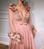 Anneprom Long Sleeves V Neck 3D Flowers Pink Prom Dresses Formal Dresses APP0298