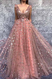 Anneprom Chic A-Line V Neck Prom Dresses Pink Long Prom Dress Evening Dresses APP0299