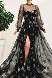 Anneprom Black High Neck Split Long Prom Dress With Star Sparkly Long Sleeves APP0300