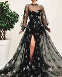 Anneprom Black High Neck Split Long Prom Dress With Star Sparkly Long Sleeves APP0300