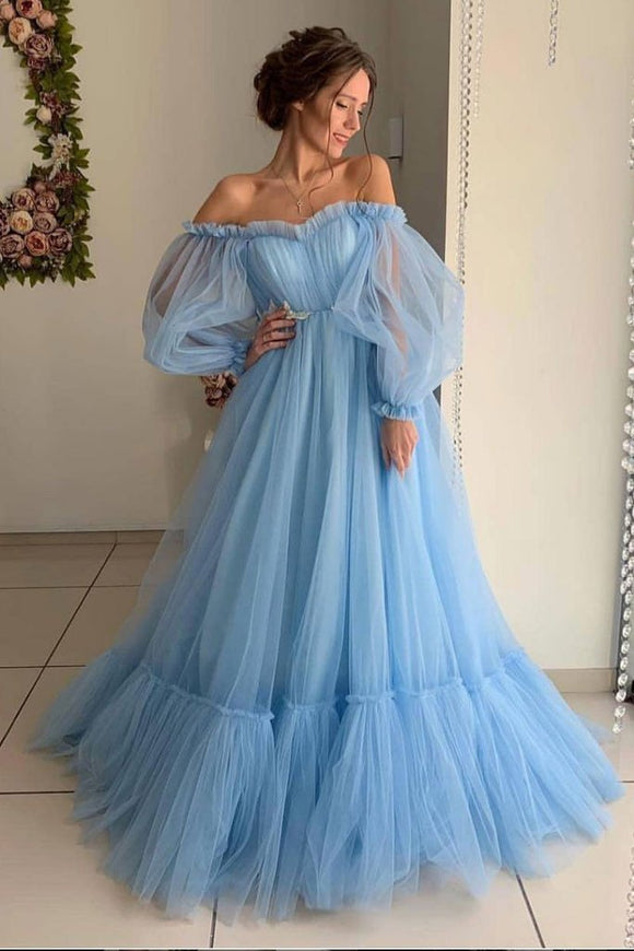 Anneprom Sky Blue Tulle Off The Shoulder Long Prom Dress Elegant Evening Dresses APP0301