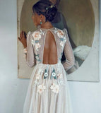 Anneprom Embroidery A-Line Chic Open Back Long Sleeve Sparkly Prom Dress  APP0302