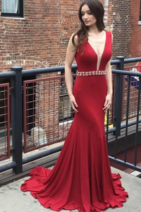 Anneprom Mermaid Deep V-Neck Sweep Train Red Prom Dresses Evening Dresses APP0306