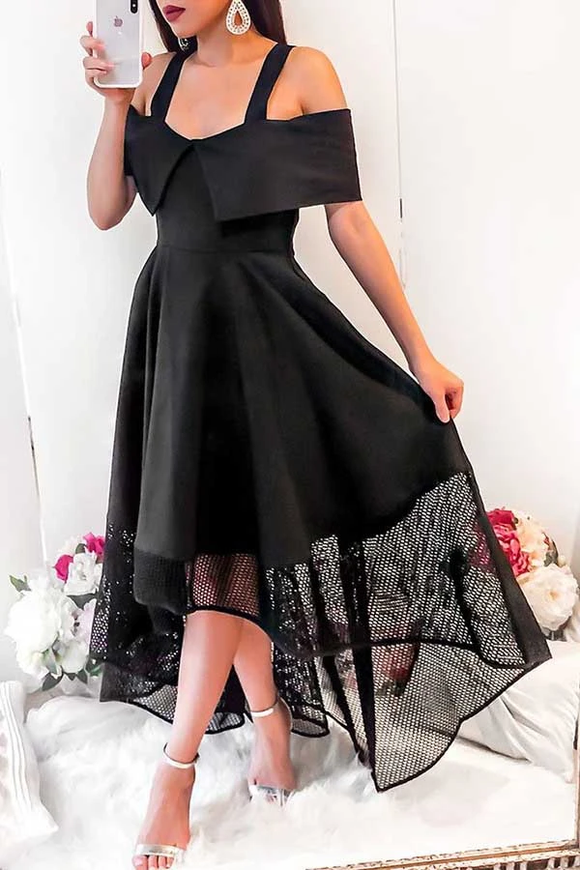 Anneprom A-Line Cold Shoulder High Low Black Homecoming Dress With Lace APP0307