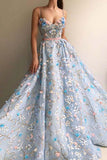 Anneprom Spaghetti Strap Flower Applique Sky Blue Prom Dresses Evening Dresses APP0311