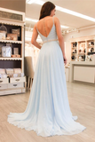 Anneprom Gorgeous Straps V Neck Light Sky Blue Long Prom Dress APP0312