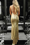 Anneprom Mermaid V-Neck Backless Gold Sequined Prom Dress With Appliques APP0315