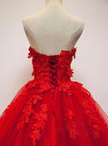 Anneprom Charming Red Sweetheart Strapless Ball Gown Applique Tulle Long Prom Dress APP0341