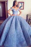 Anneprom Blue Lace Off The Shoulder Ball Gown Quinceanera Dresses,Princess Prom Dress APP0343