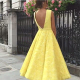 Anneprom Yellow Lace A Line Deep V Neck Prom Dress,Homecoming Dresses APP0344