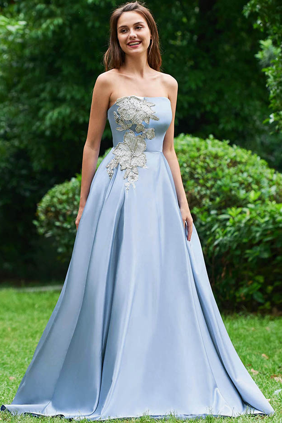 Anneprom A Line Strapless Sky Blue Satin Long Prom Dresses With Appliques APP0345