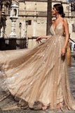 Anneprom Charming A Line V Neck Spaghetti Straps Sequin Long Prom Dress APP0348