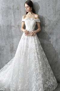 Anneprom Princess White Off the Shoulder Lace A Line Wedding Dress APP0349