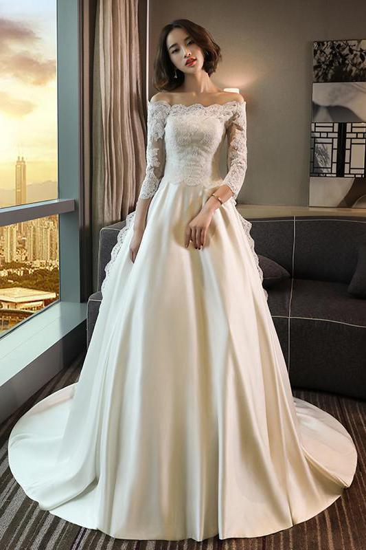 Anneprom Modest 3/4 Sleeve Off the Shoulder A Line Lace Wedding Dress Anneprom Modest 3/4 Sleeve Off the Shoulder A Line Lace Wedding Dress