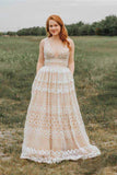 Anneprom Ivory V Neck Long Lace Plus Size Prom Dresses with Pocket Vintage Formal Dress APP0354