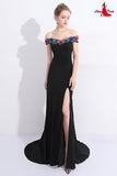 Anneprom Chic Mermaid Prom Dress Black Off Shoulder Flower Long Prom Dress Party Dress APP0355