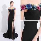 Anneprom Chic Mermaid Prom Dress Black Off Shoulder Flower Long Prom Dress Party Dress APP0355
