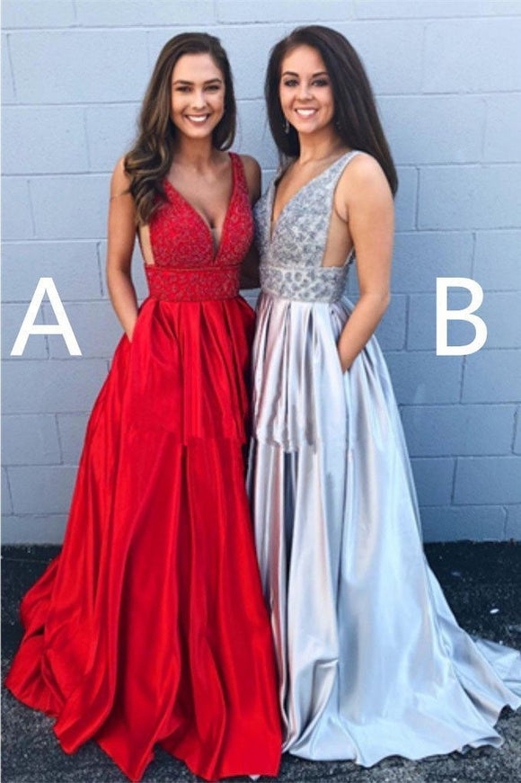 Anneprom Cheap A-line Deep V Neck Beading Backless Long Prom Dress With Pockets APP0358