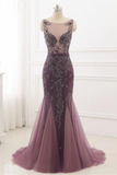 Anneprom Beading Scoop Mermaid Sweep Train Tulle Long Cheap Prom Dress APP0359