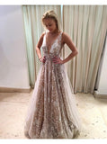 Anneprom A-line V-neck Floor Length Tulle Prom Drsess Evening Gowns With Lace APP0364