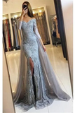 Anneprom Off-The-Shoulder Mermaid Lace Appliques Split Overskirt Prom Dress With Long Sleeves APP0366
