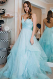 Anneprom Light Blue Backless Prom Gown Spaghetti-straps Tulle Tiered Dance Dress APP0368