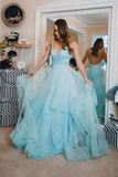 Anneprom Light Blue Backless Prom Gown Spaghetti-straps Tulle Tiered Dance Dress APP0368
