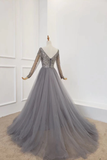 Anneprom A Line Long Sleeves V Neck Grey Beading Prom Dresses APP0370