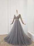 Anneprom A Line Long Sleeves V Neck Grey Beading Prom Dresses APP0370