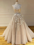 Anneprom A-line Scoop Lace Appliques Long Prom Dresses Cheap Evening Dress APP0371