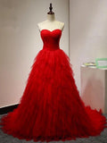 Anneprom Chic Sweetheart A Line Zipper Back Red Ruffles Cheap Long Prom Dress APP0373