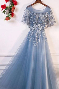 Anneprom A-Line Blue Tulle Short Sleeves Long Lace Up Formal Evening Prom Dresses APP0374