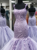 Anneprom Trumpet/Mermaid Spaghetti Straps Lilac Long Prom Dresses Tulle Evening Dress APP0379