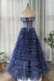 Anneprom A-line Off-the-shoulder Royal Blue Long Prom Dresses Tulle Evening Dress APP0380