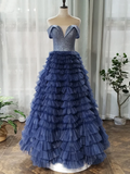 Anneprom A-line Off-the-shoulder Royal Blue Long Prom Dresses Tulle Evening Dress APP0380
