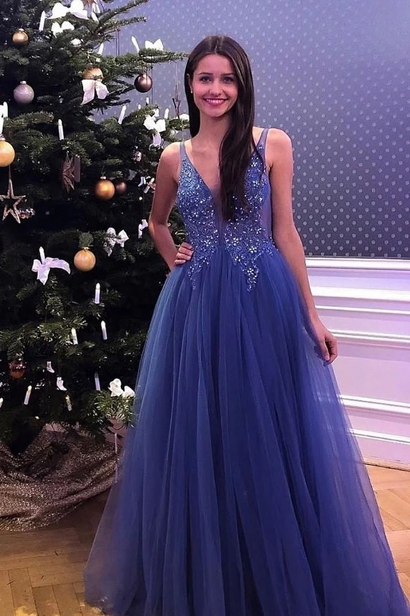Anneprom Flowy V neck Simple Lace Tulle Beading Long Blue A line Party Prom Dresses APP0381