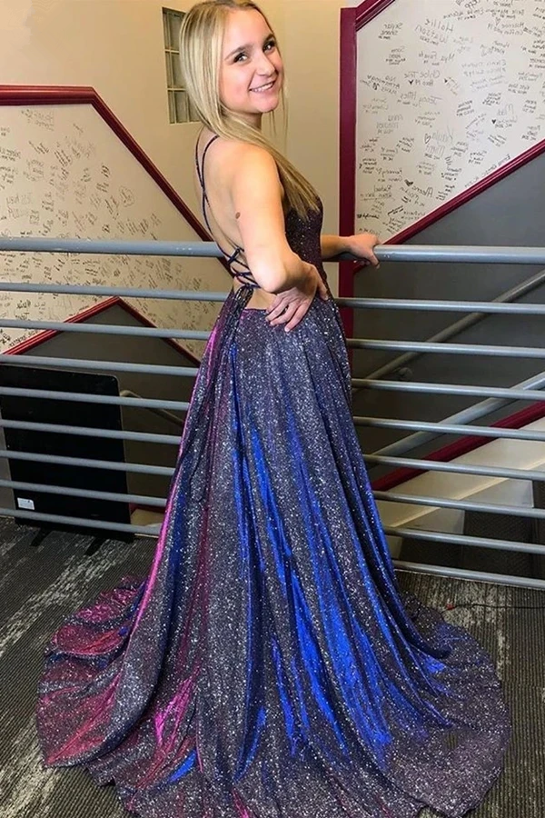 Anneprom Glitter Front Split Long Zipper Back Pretty Prom Dresses Cute