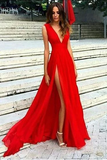 Anneprom Sexy V-neck Red Split Prom Dresses,Simple Slit Sexy Party Dresses APP0383