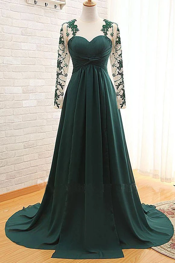 Anneprom Elegant Long Sleeve Green Chiffon Long Appliqued Prom Dresses, Open Back Party Dresses APP0386