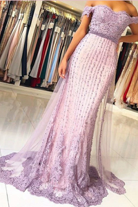 Anneprom Off-the-Shoulder Beading Prom Dresses Lilac Unique Long Evening Dress Prom Dress APP0392
