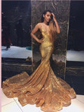 Anneprom Mermaid V neck Prom Dresses Gold Sparkly Long Prom Dress Evening Dress APP0393