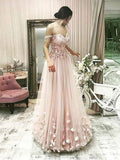 Anneprom A-line Prom Dresses Off-the-shoulder Pink Beading Long Prom Dress/Evening Dress APP0394