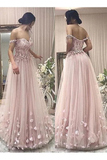 Anneprom A-line Prom Dresses Off-the-shoulder Pink Beading Long Prom Dress/Evening Dress APP0394