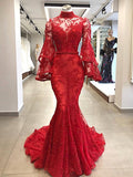 Anneprom Mermaid High Neck Red Prom Dresses Beading Long Prom Dress Evening Dress APP0395