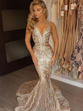 Anneprom Mermaid Prom Dresses Deep V Neck Beading Gold Long Prom Dress/Evening Dress APP0396